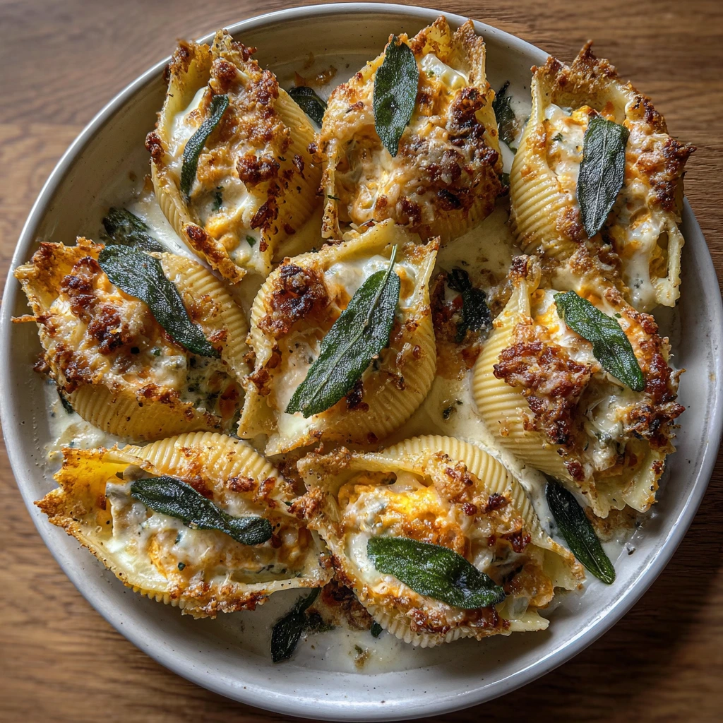 Savory Pumpkin & Gouda Stuffed Shells in Brown Butter Sage Alfredo Sauce