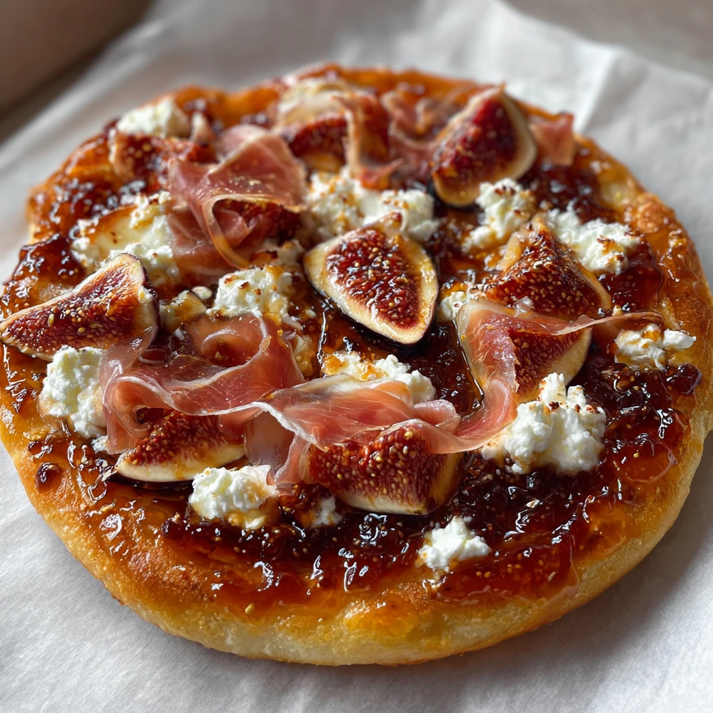 Delicious Quick Homemade Fig Jam Pizza with Creamy Goat Cheese and Savory Prosciutto