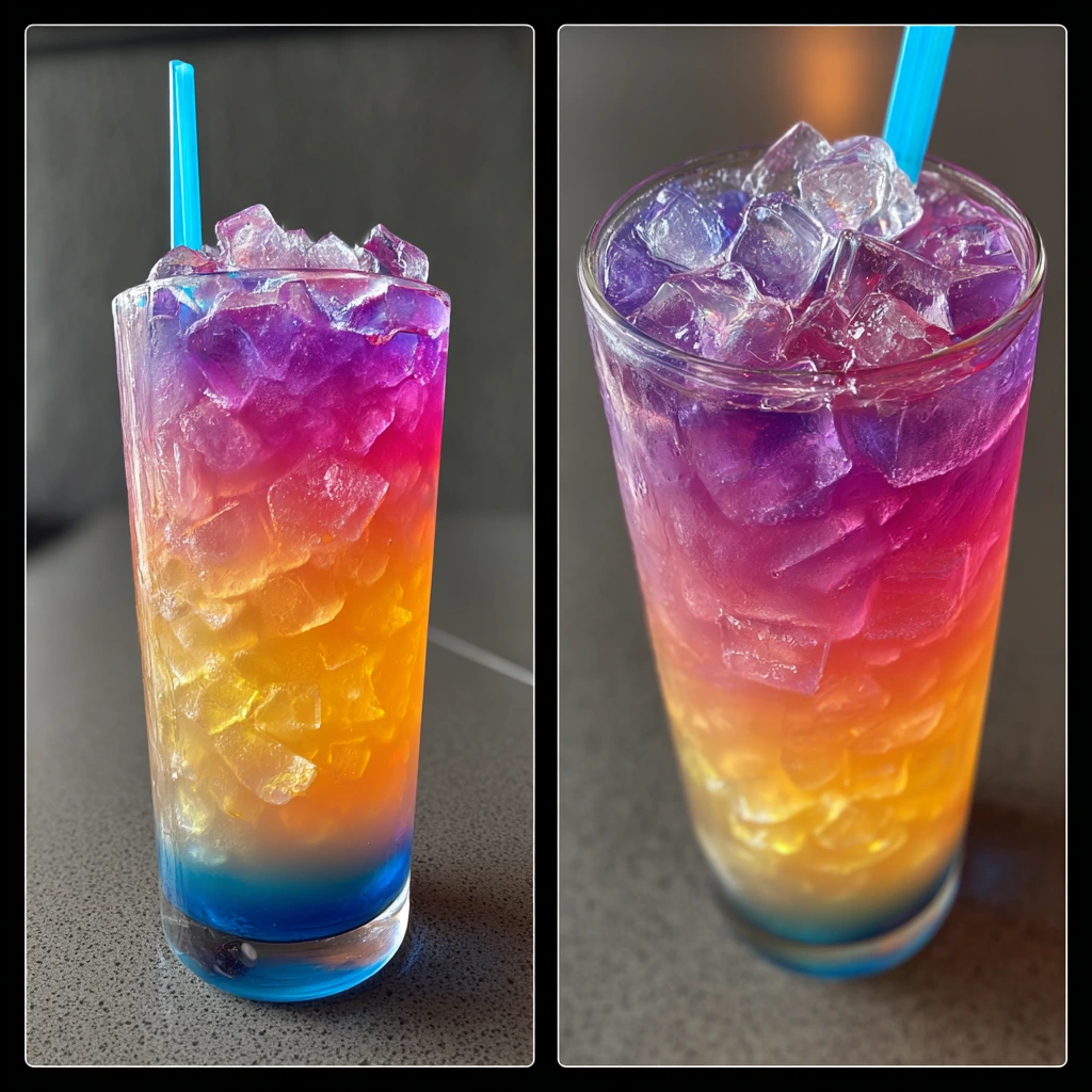 Vibrant Rainbow Soda Drink with Fresh Fruits and Sparkling Flavor