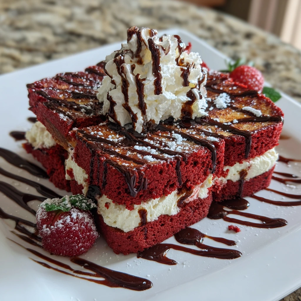 Decadent Red Velvet French Toast Stuffed with Creamy Vanilla Bean Cheesecake