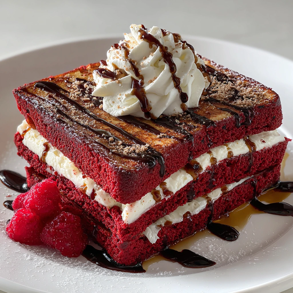 Decadent Red Velvet French Toast Stuffed with Creamy Vanilla Bean Cheesecake
