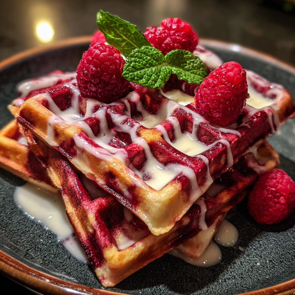Decadent Red Velvet Marble Waffles with Cream Cheese Drizzle