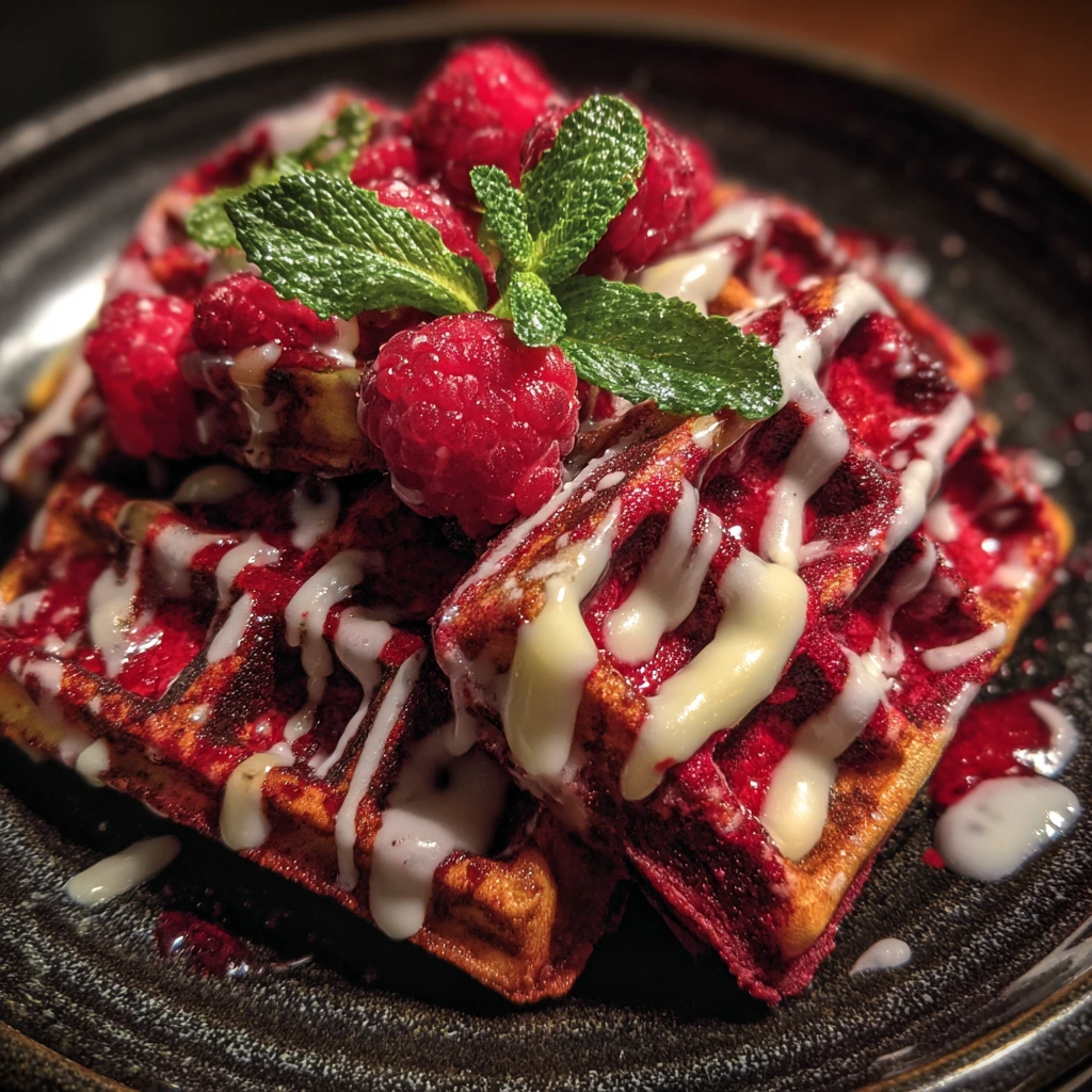 Decadent Red Velvet Marble Waffles with Cream Cheese Drizzle