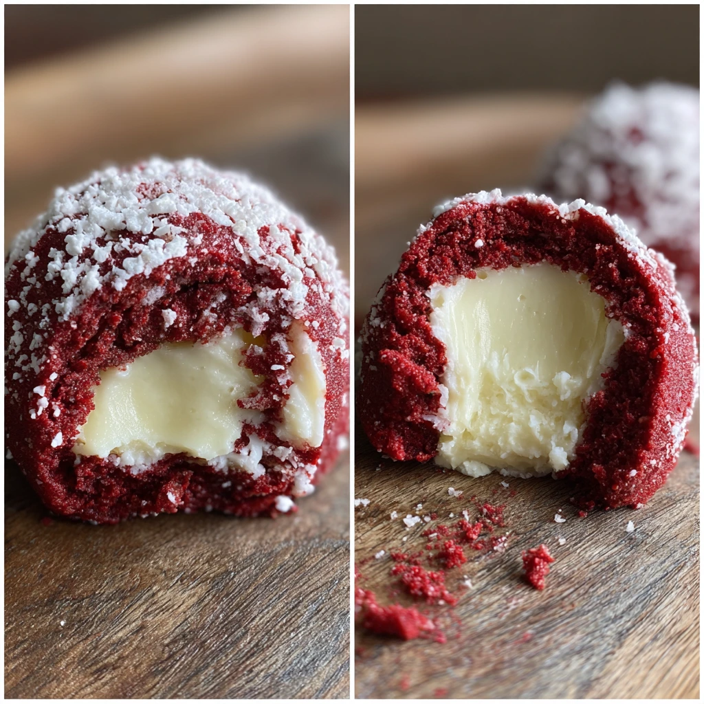 Deliciously Soft Red Velvet Snowball Cookies with Creamy White Chocolate Filling