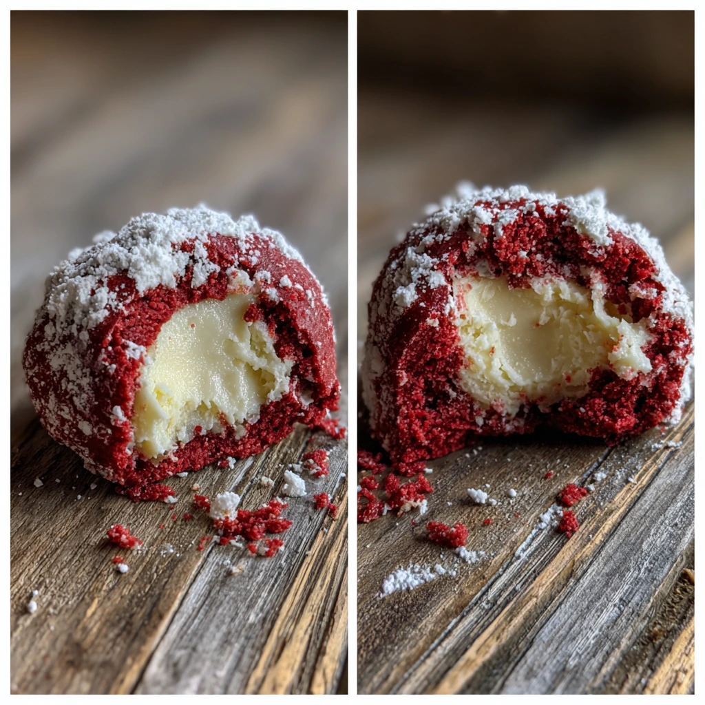 Deliciously Soft Red Velvet Snowball Cookies with Creamy White Chocolate Filling