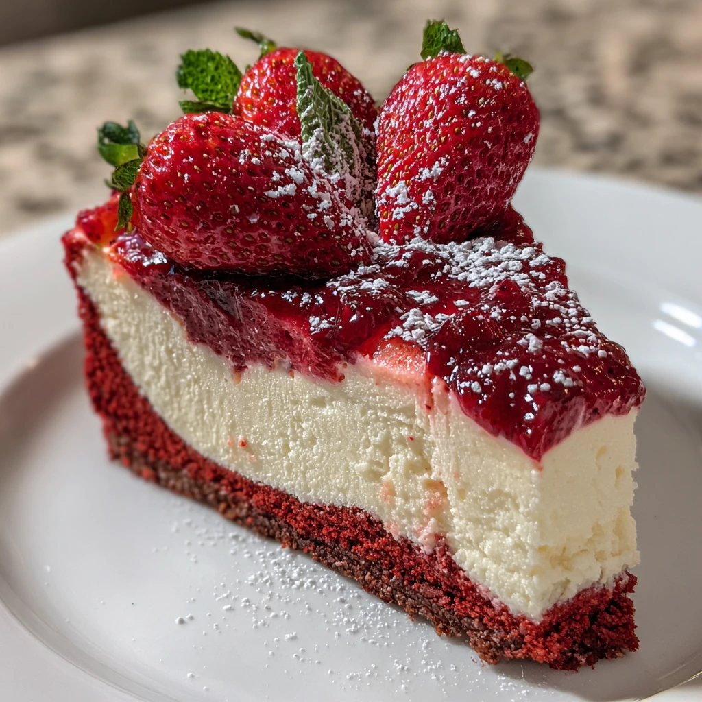 Decadent Red Velvet Strawberry Cheesecake with Creamy Frosting