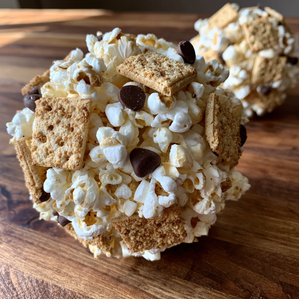 Decadent S'mores Popcorn Balls with Chocolate, Marshmallows, and Graham Crackers