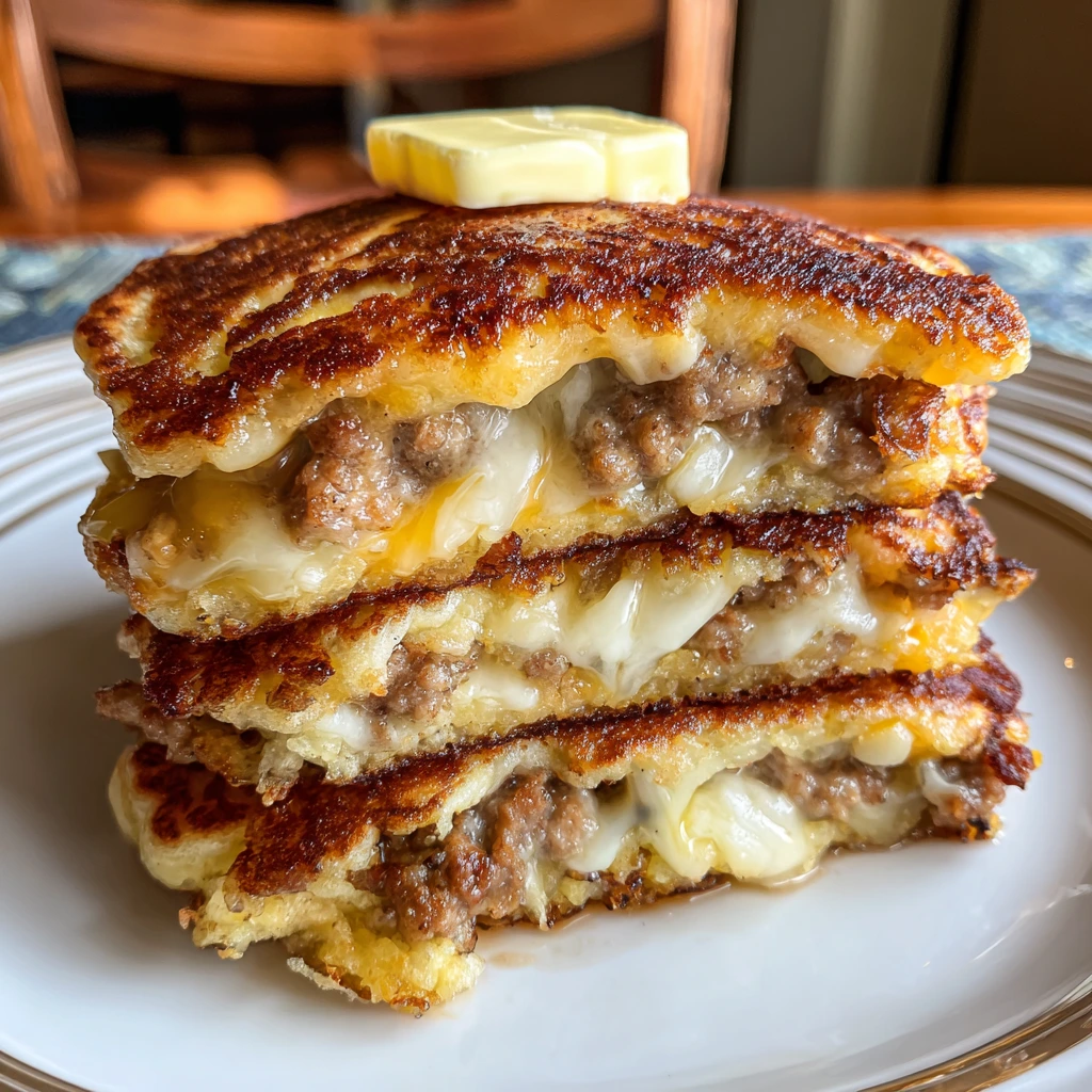 Delicious Sausage Pancake Stack with Maple Syrup and Fresh Berries