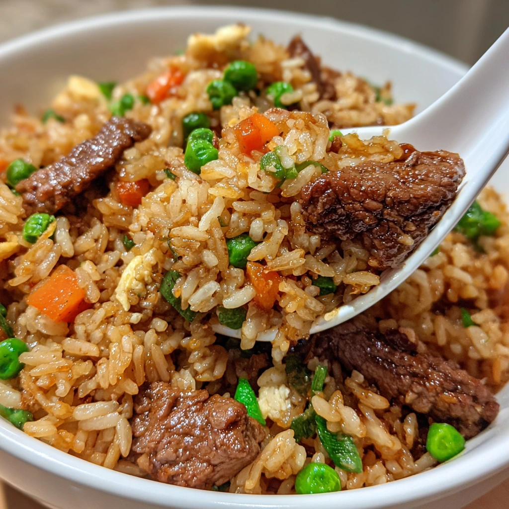 Savory Onion Beef Fried Rice with Garlic and Peas