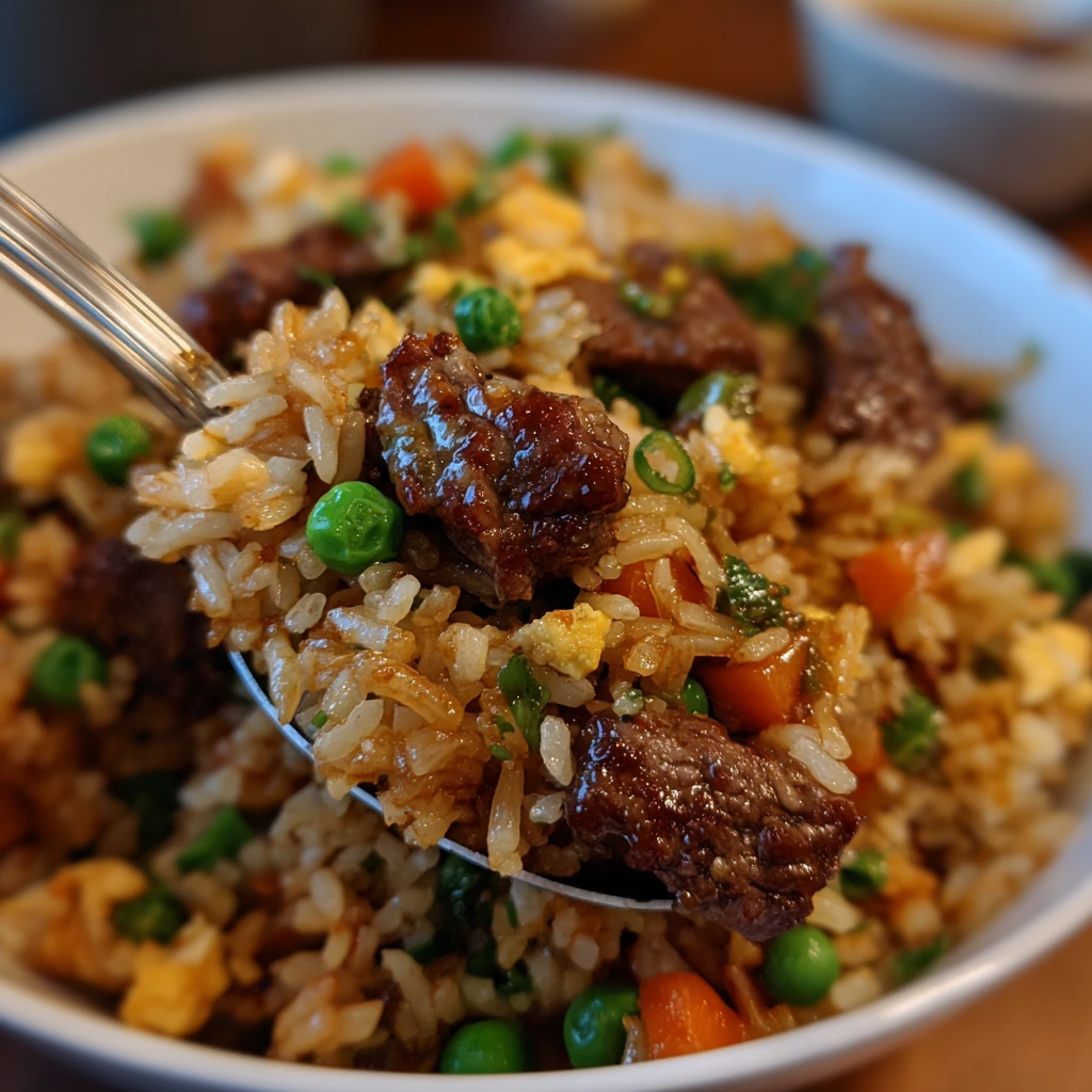 Savory Onion Beef Fried Rice with Garlic and Peas