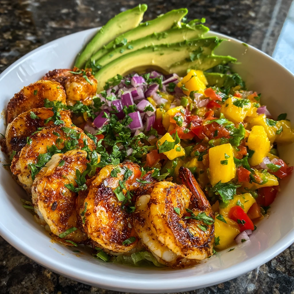 Zesty Shrimp and Avocado Bowls with Fresh Mango Salsa & Spicy Lime-Chili Sauce