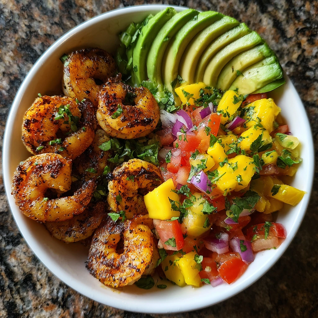 Zesty Shrimp and Avocado Bowls with Fresh Mango Salsa & Spicy Lime-Chili Sauce