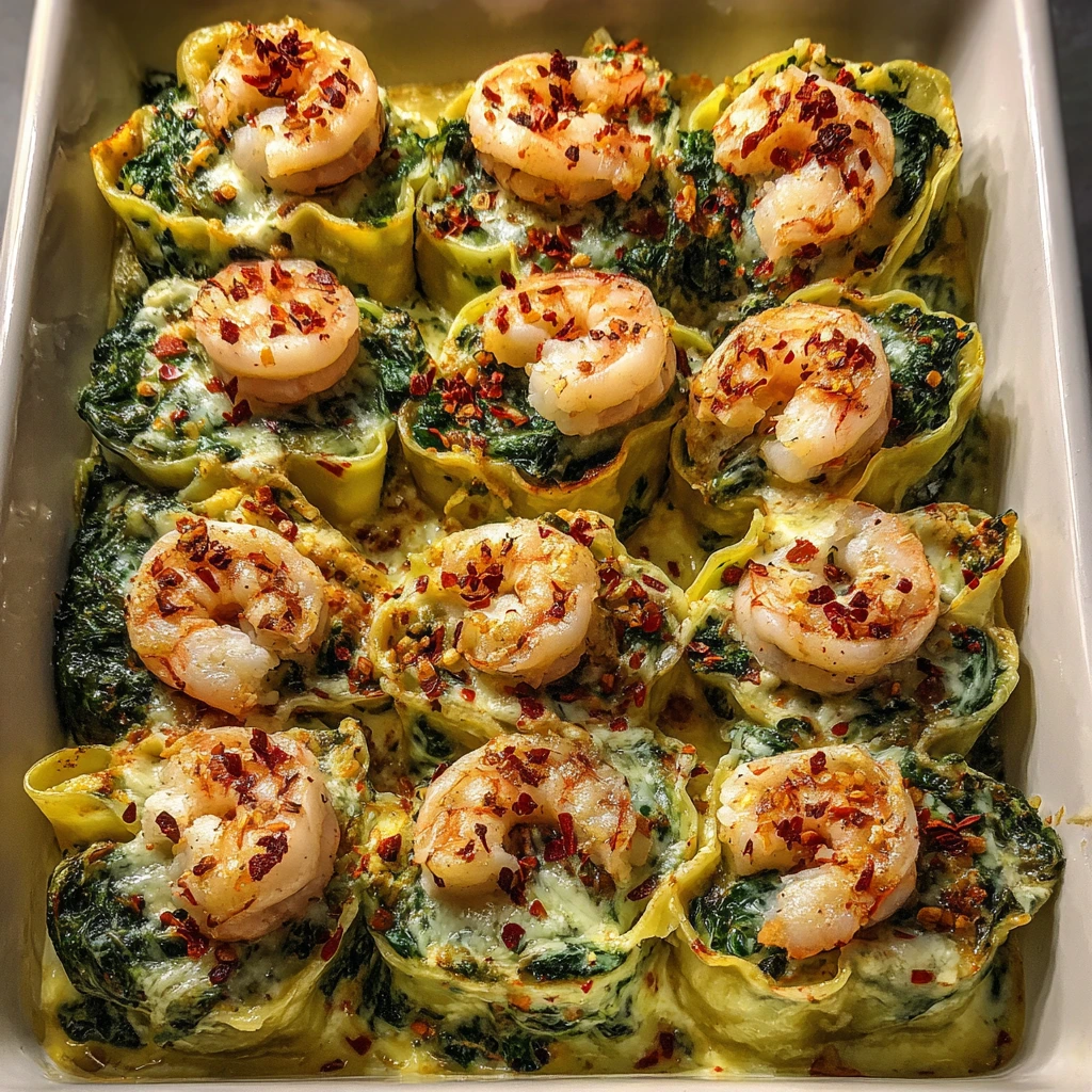 Delicious Shrimp and Spinach Stuffed Pasta Rolls in Creamy Roasted Red Pepper Sauce