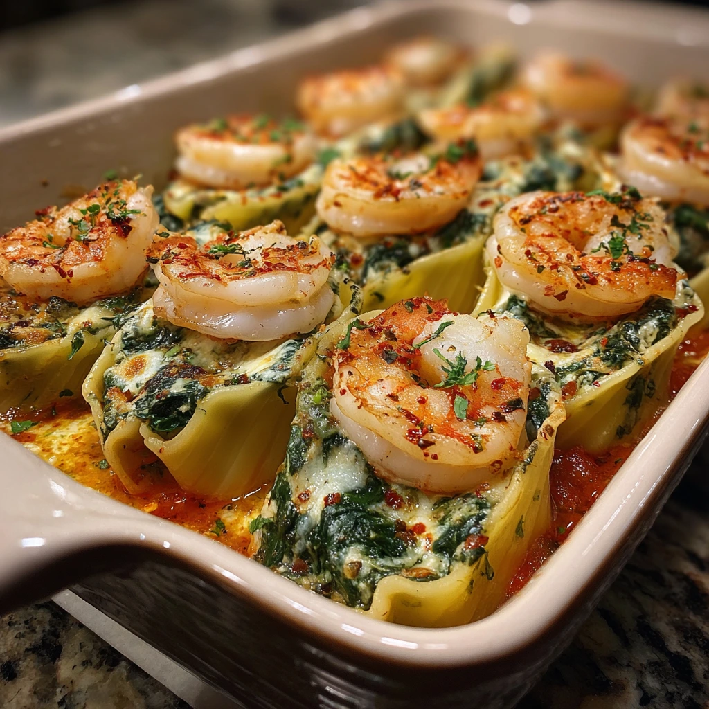 Delicious Shrimp and Spinach Stuffed Pasta Rolls in Creamy Roasted Red Pepper Sauce