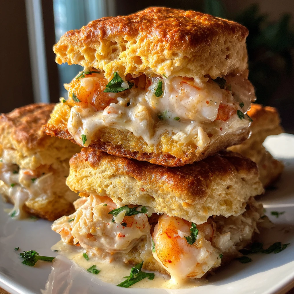 Deliciously Savory Shrimp Crab Biscuit Melts with Creamy Cheddar