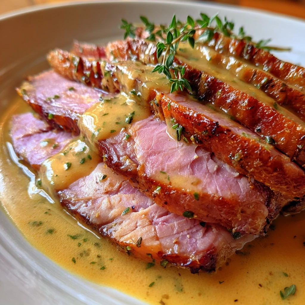 Slowcooker Creamy Mustard Pulled Ham with Sweet and Tangy Sauces