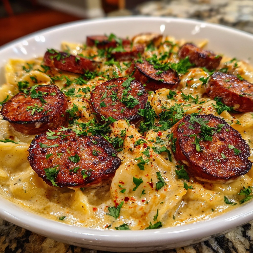 Creamy Smoked Sausage Cajun Alfredo Pasta with Spinach and Peppers