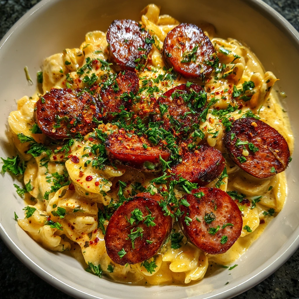 Creamy Smoked Sausage Cajun Alfredo Pasta with Spinach and Peppers