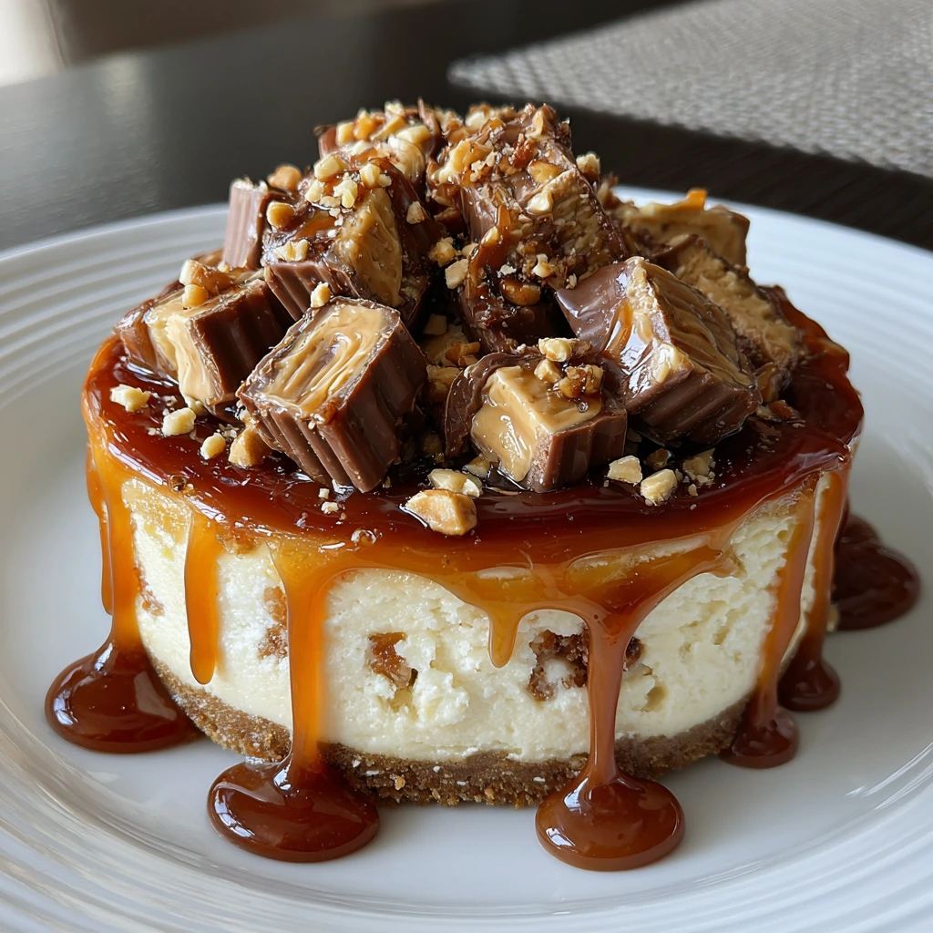 Decadent Snickers Cheesecake with Rich Salted Caramel Drizzle