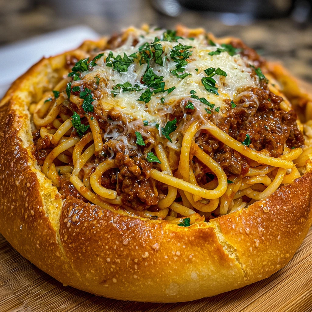 Savory Spaghetti Bread Bowls Filled with Rich Marinara and Cheese