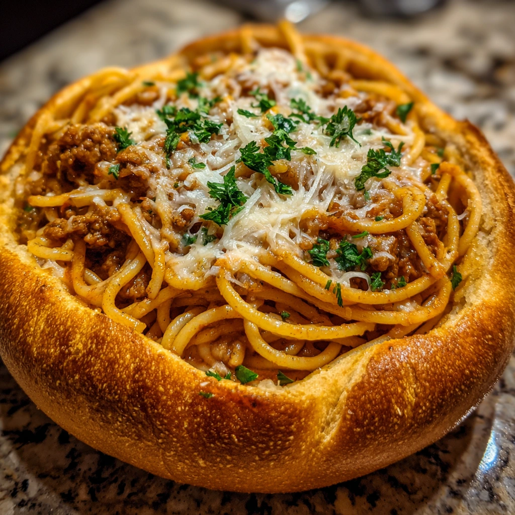 Savory Spaghetti Bread Bowls Filled with Rich Marinara and Cheese