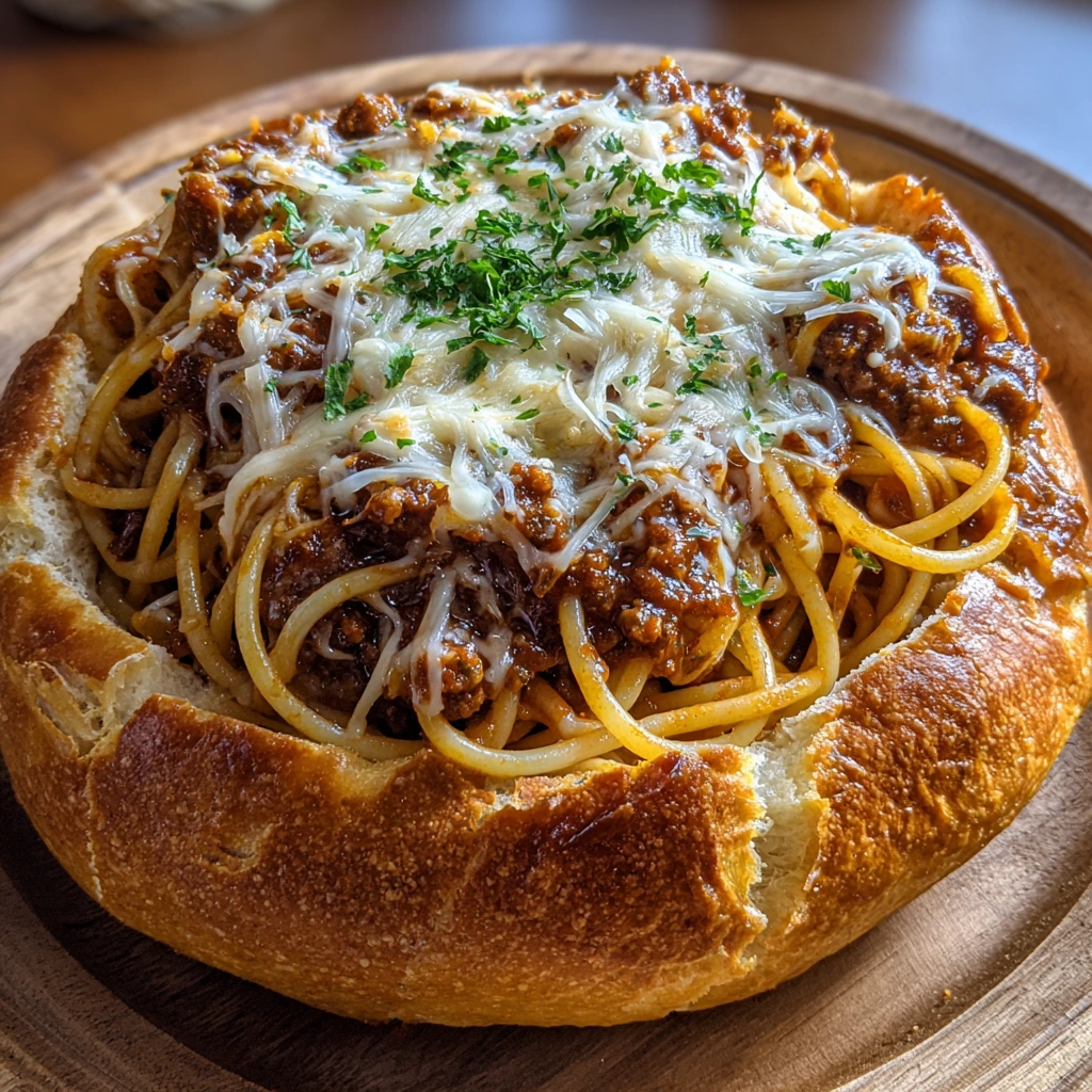 Savory Spaghetti Bread Bowls Filled with Rich Marinara and Cheese