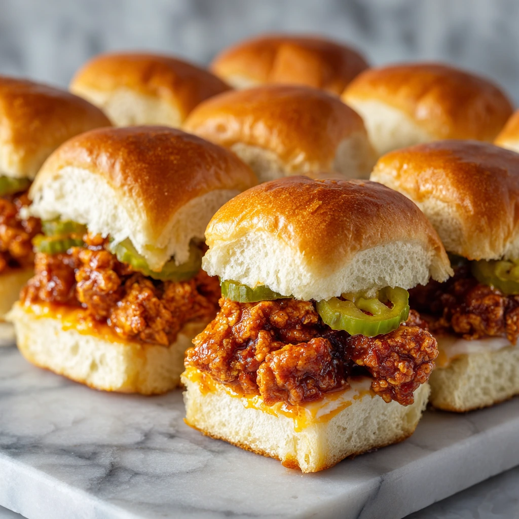 Spicy Hot Chicken Sliders with Tangy Sauce and Crunchy Slaw