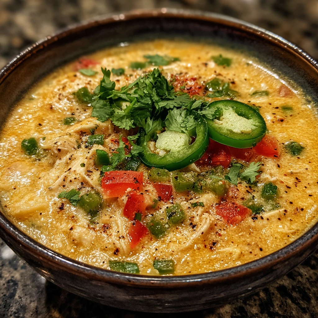 Creamy Spicy Jalapeño Popper Chicken Soup with Bacon and Cheese