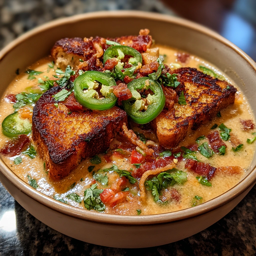 Creamy Spicy Jalapeño Popper Soup with Crispy Grilled Cheese Dippers