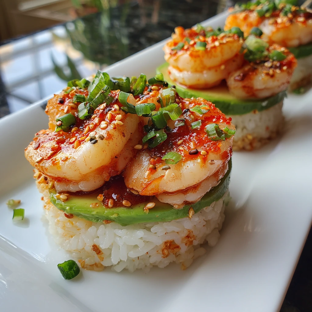 Irresistibly Spicy Shrimp Sushi Stacks with Avocado and Cilantro Lime Rice