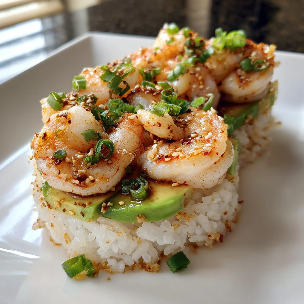 Irresistibly Spicy Shrimp Sushi Stacks with Avocado and Cilantro Lime Rice
