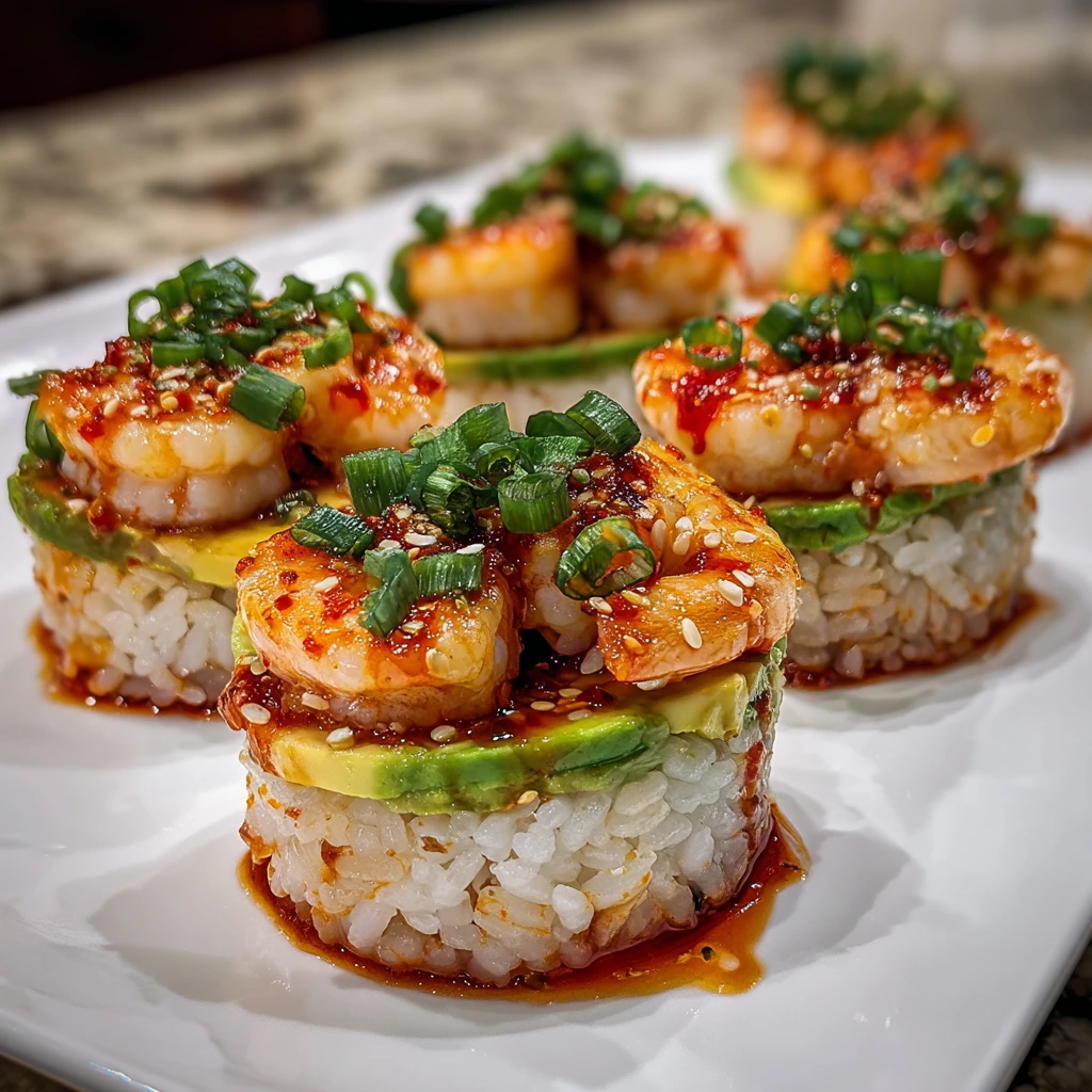 Irresistibly Spicy Shrimp Sushi Stacks with Avocado and Cilantro Lime Rice