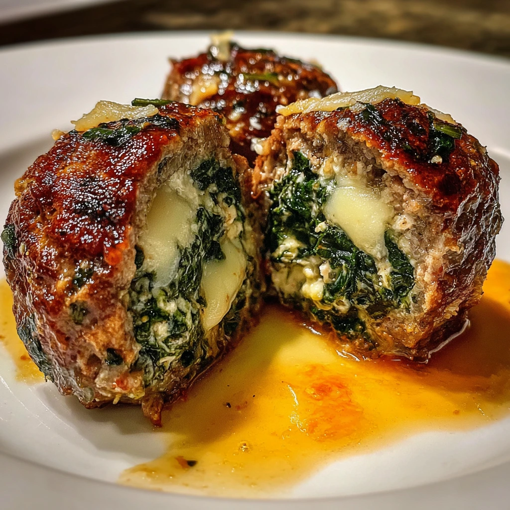 Savory Spinach Garlic Meatballs Stuffed with Creamy Cheese