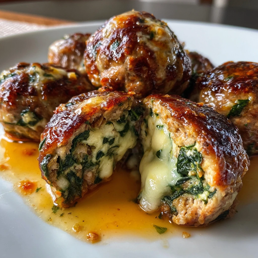 Savory Spinach Garlic Meatballs Stuffed with Creamy Cheese
