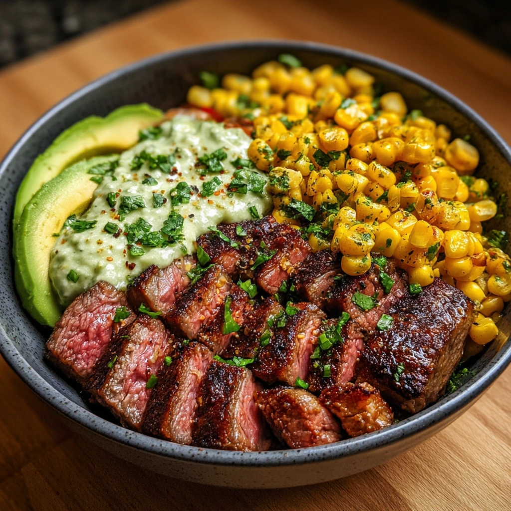 Savory Steak, Creamy Avocado, and Roasted Corn Bowl with Zesty Cilantro Sauce