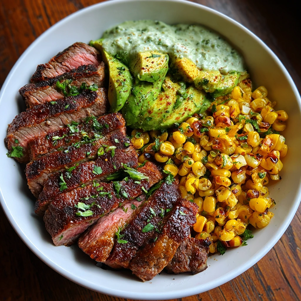 Savory Steak, Creamy Avocado, and Roasted Corn Bowl with Zesty Cilantro Sauce