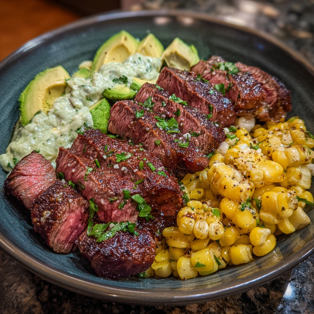 Savory Steak, Creamy Avocado, and Roasted Corn Bowl with Zesty Cilantro Sauce