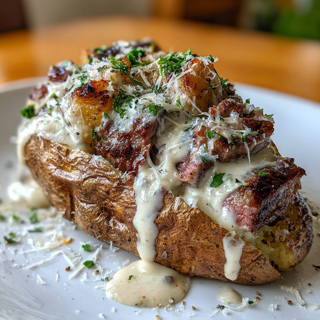 Savory Steak-Stuffed Baked Potatoes with Creamy Parmesan Sauce