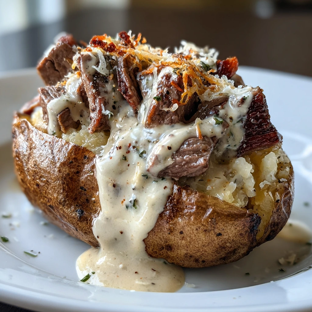 Savory Steak-Stuffed Baked Potatoes with Creamy Parmesan Sauce