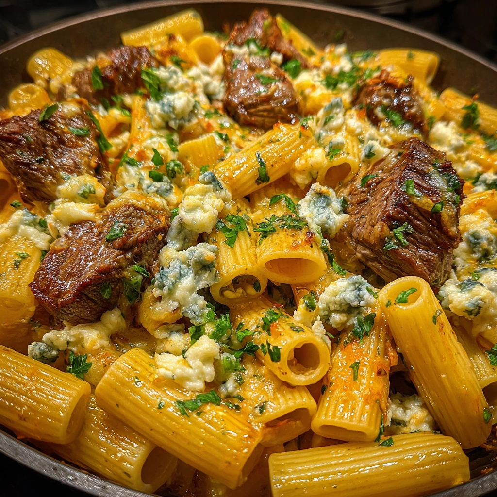 Savory Steak & Blue Cheese Rigatoni Bake with Creamy Spinach and Herbs