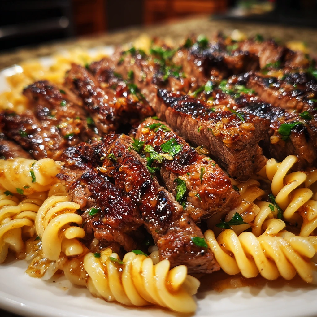 Savory Sticky Honey Garlic Steak with Tender Rotini Pasta