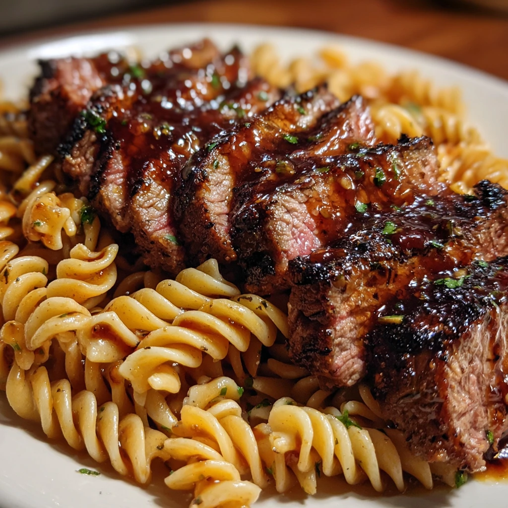 Savory Sticky Honey Garlic Steak with Tender Rotini Pasta