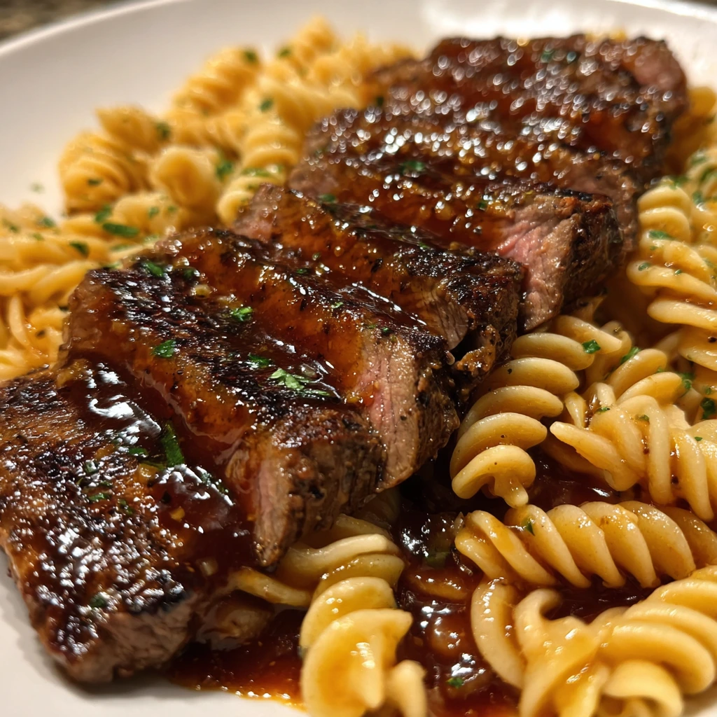 Savory Sticky Honey Garlic Steak with Tender Rotini Pasta