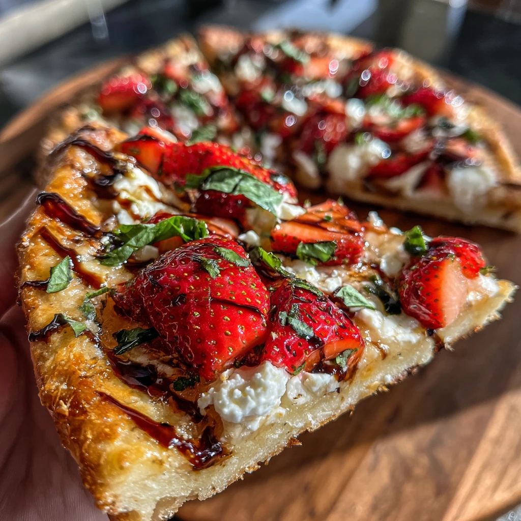 Delicious Strawberry Balsamic & Creamy Goat Cheese Pizza with Fresh Basil
