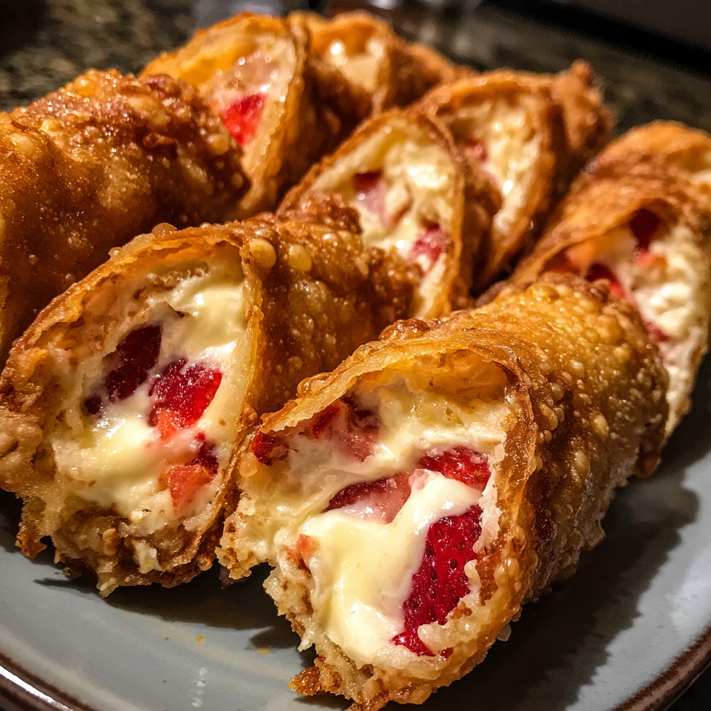 Crunchy Strawberry Cheesecake Stuffed Eggrolls with Creamy Filling