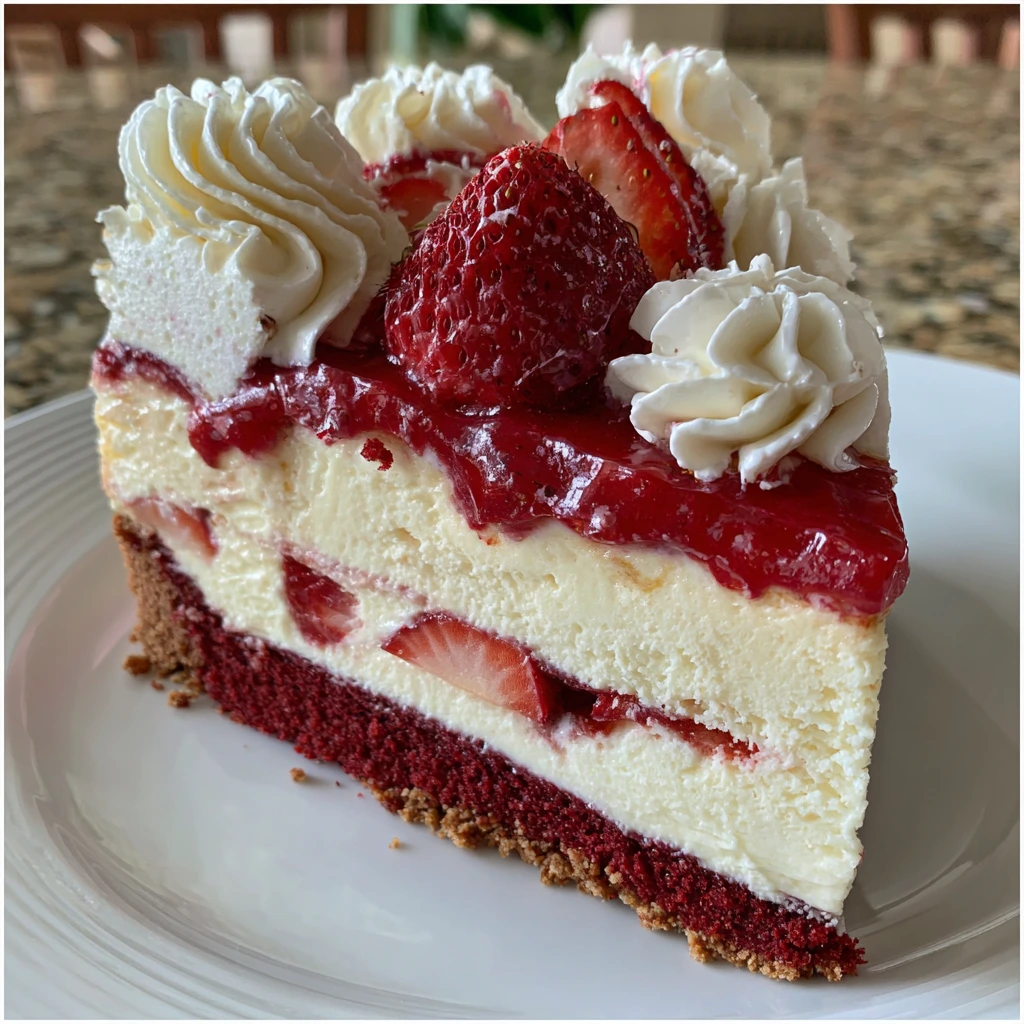 Decadent Strawberry Red Velvet Cheesecake with Creamy Topping