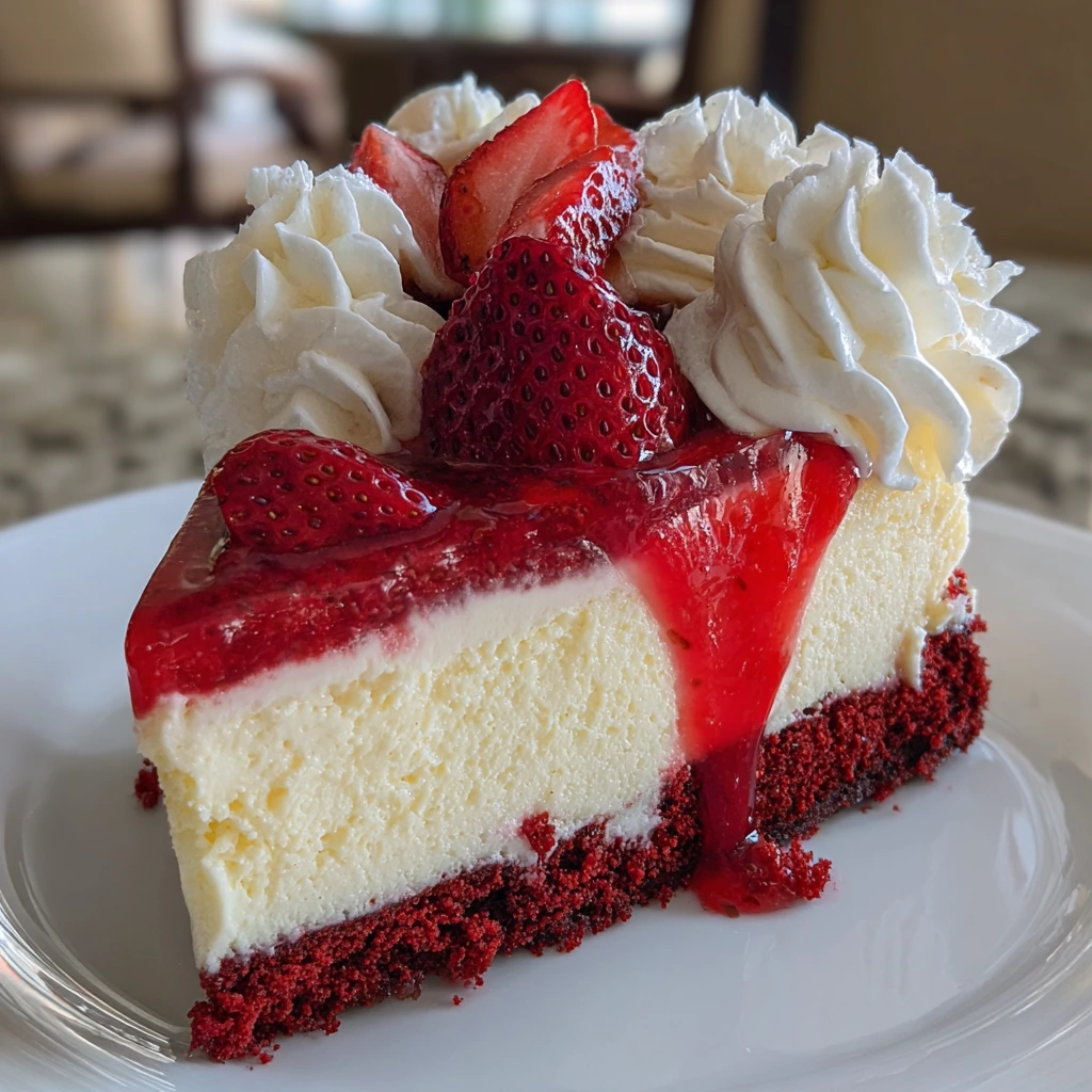 Decadent Strawberry Red Velvet Cheesecake with Creamy Topping