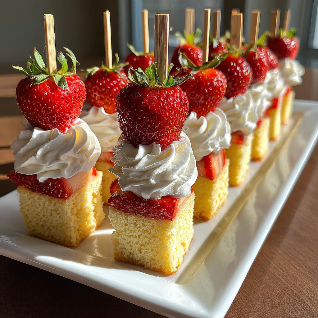 Delicious Strawberry Shortcake Skewers with Sweet Whipped Cream and Tender Pound Cake