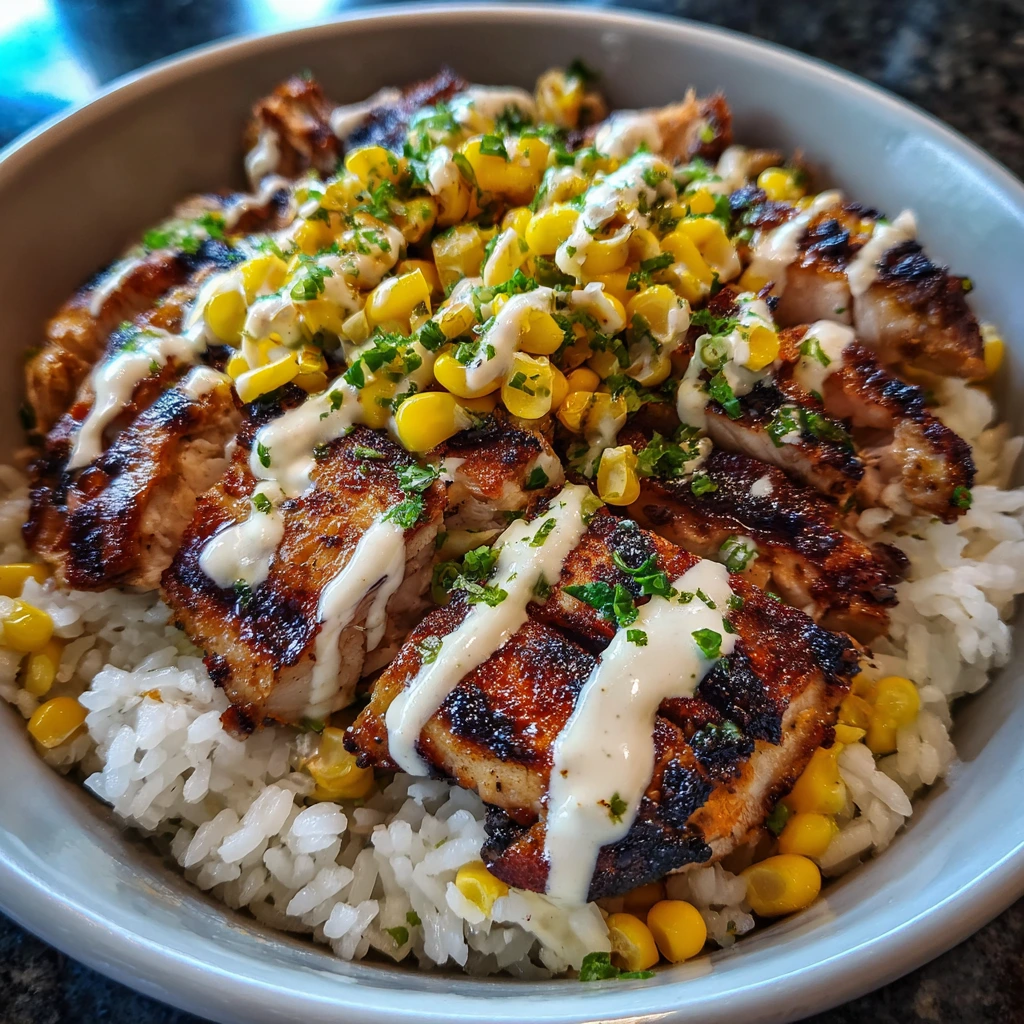 Sweet and Savory Street Corn Chicken Rice Bowl with Zesty Lime Crema