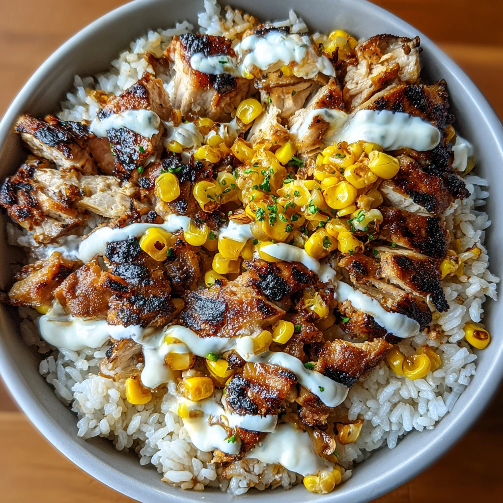 Sweet and Savory Street Corn Chicken Rice Bowl with Zesty Lime Crema